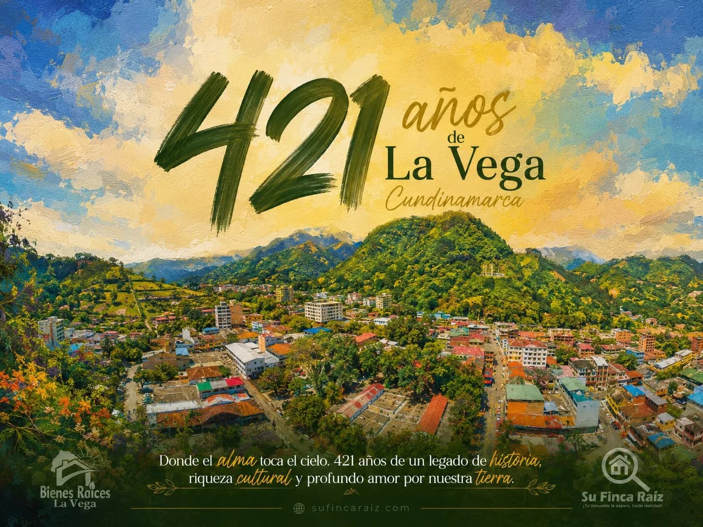 Ilustración panorámica de La Vega, Cundinamarca, celebrando sus 421 años de historia